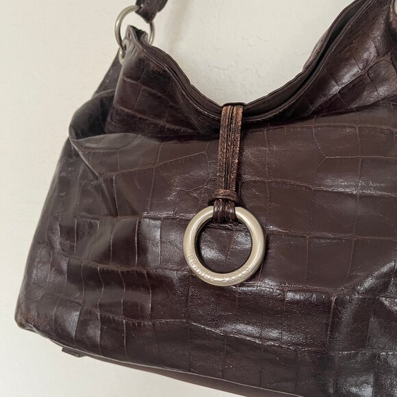 Franco Sarto Distressed Vegan Brown Glazed Embossed Croc Hobo Sholder Handbag - Picture 3 of 16